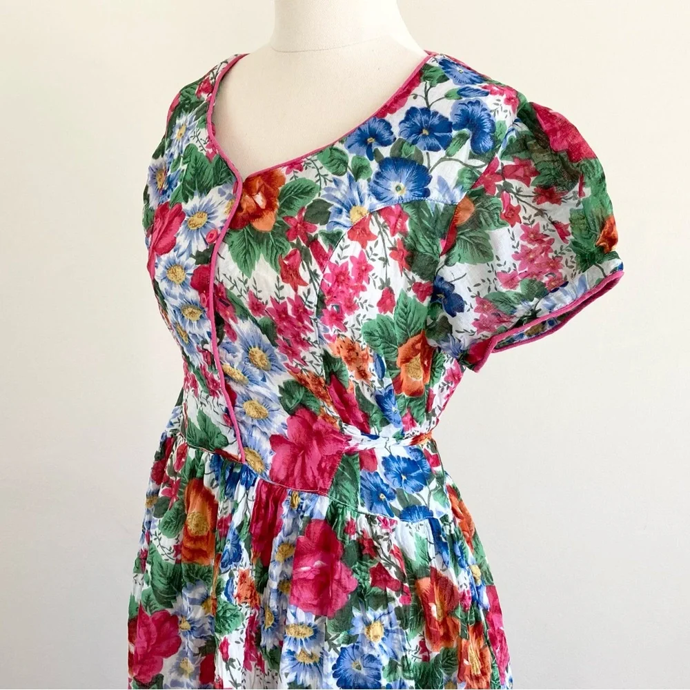 Vintage 1980s Floral Front Button Maxi Dress L Cotton100% Lined Pink Beautiful - Picture 5 of 11